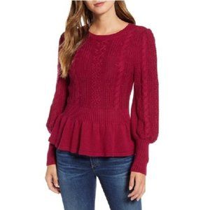 Rachel Parcell Cable Bobble Peplum Cotton Blend Sweater